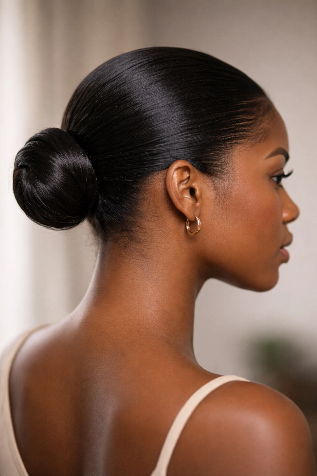 Close-up of a glossy sleek low bun at the nape of the neck
