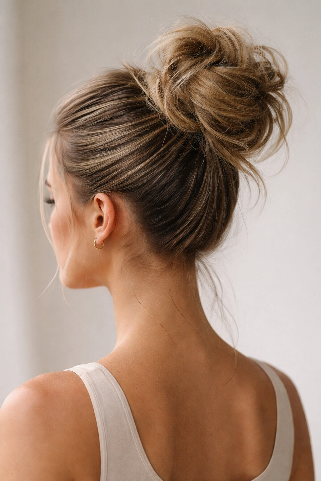 Back view of a sleek high messy bun with a smooth base and textured bun
