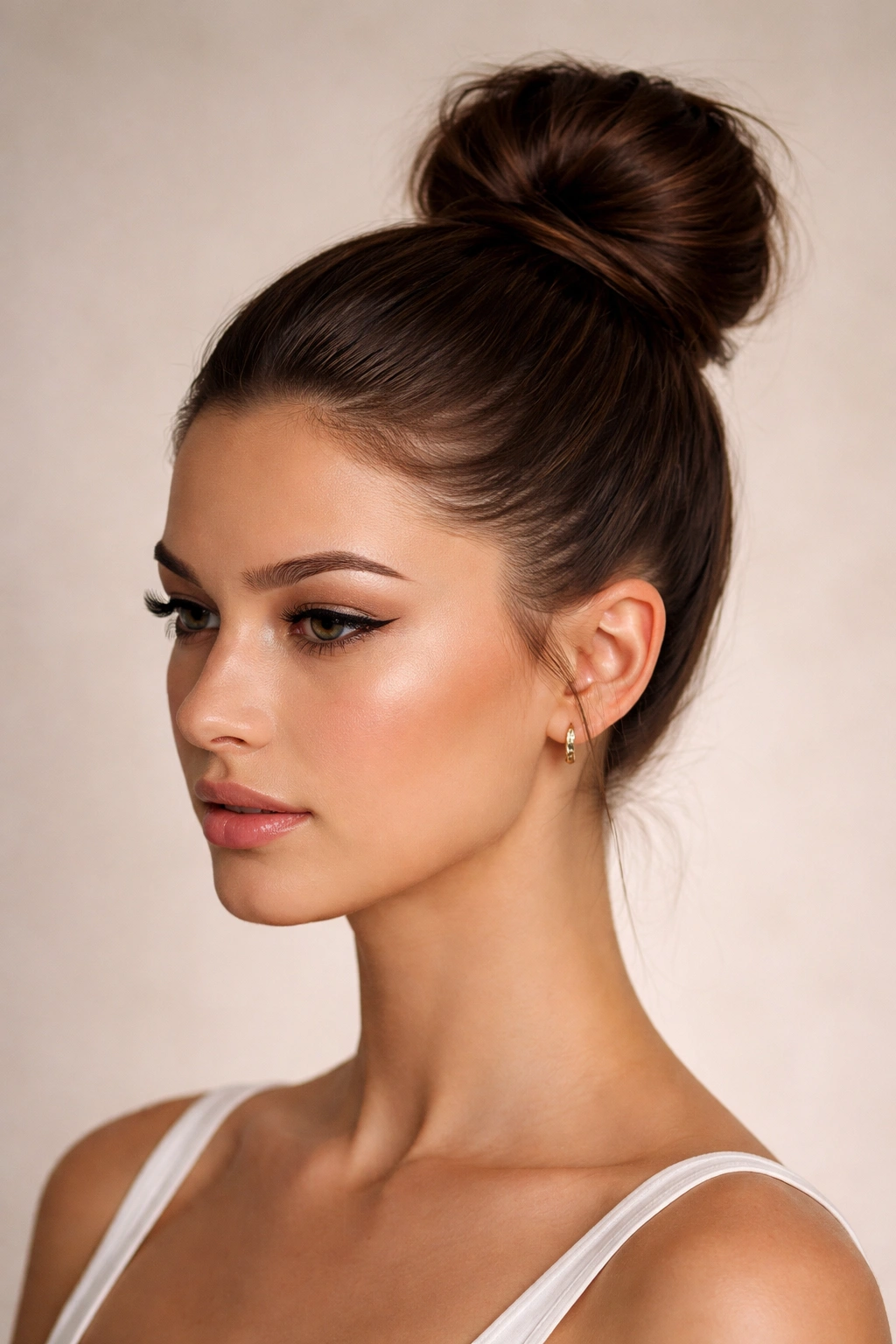 Close-up of a high bun with a sleek, smooth crown and subtle base texture