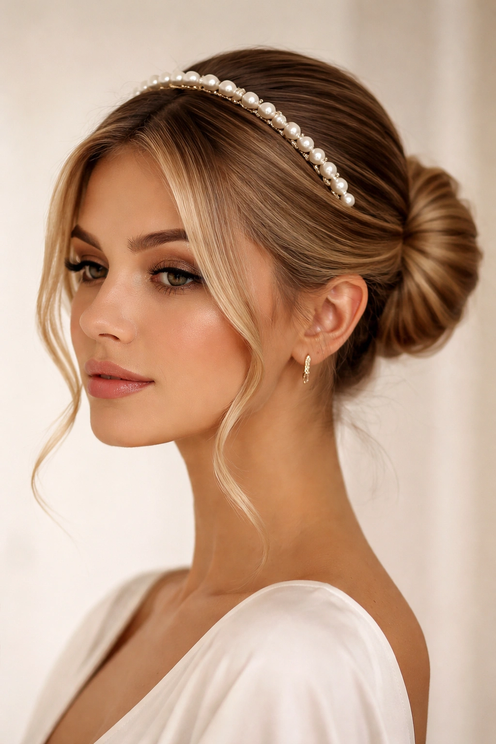 Sleek base bun with pearl beaded headband
