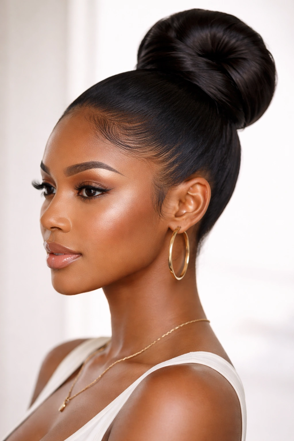 High ponytail wrapped into a sleek bun at the crown