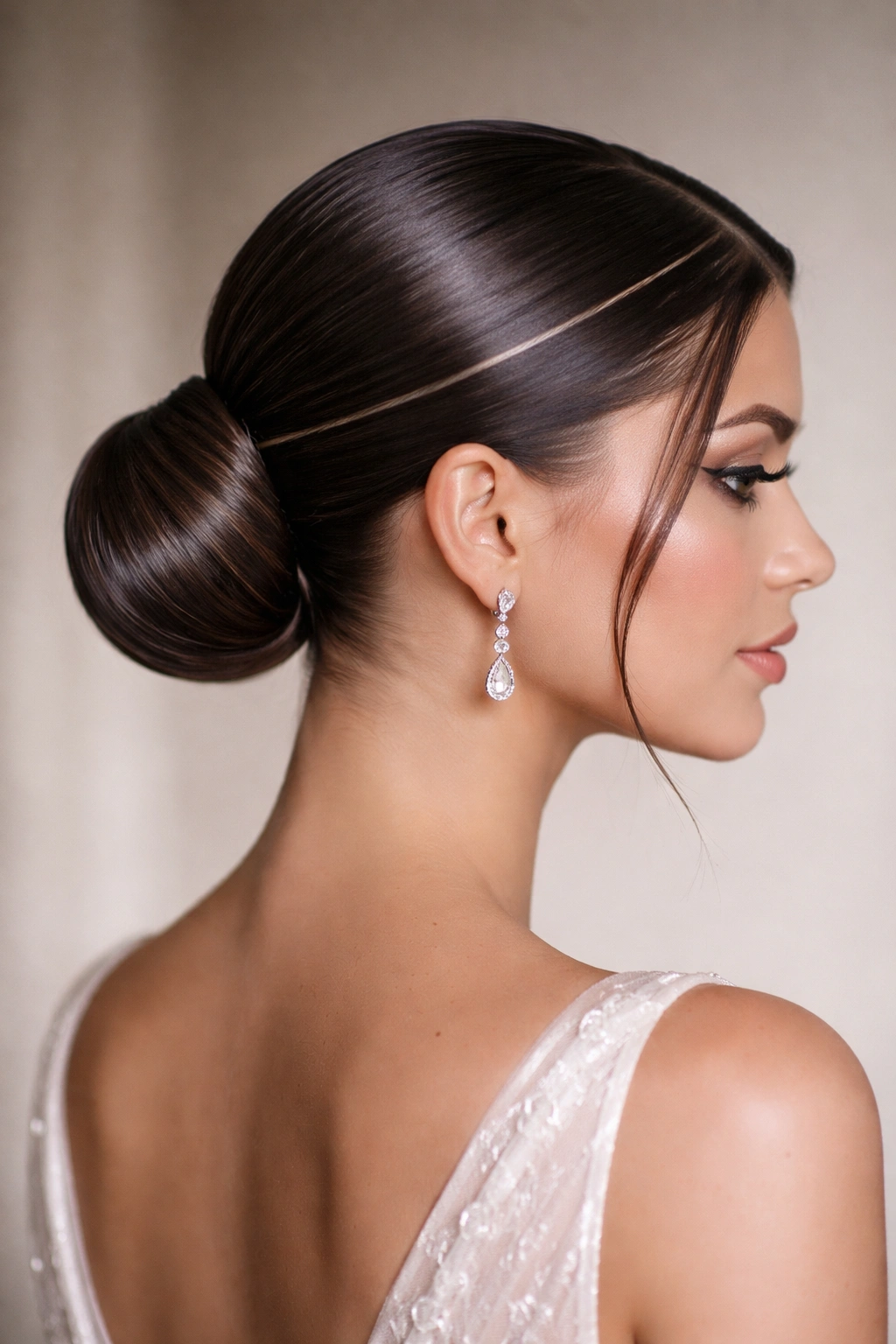 Sleek low bun with precise lines and glossy finish in side profile
