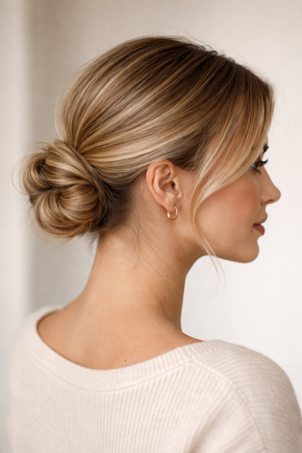 Sleek low bun with smooth foundation