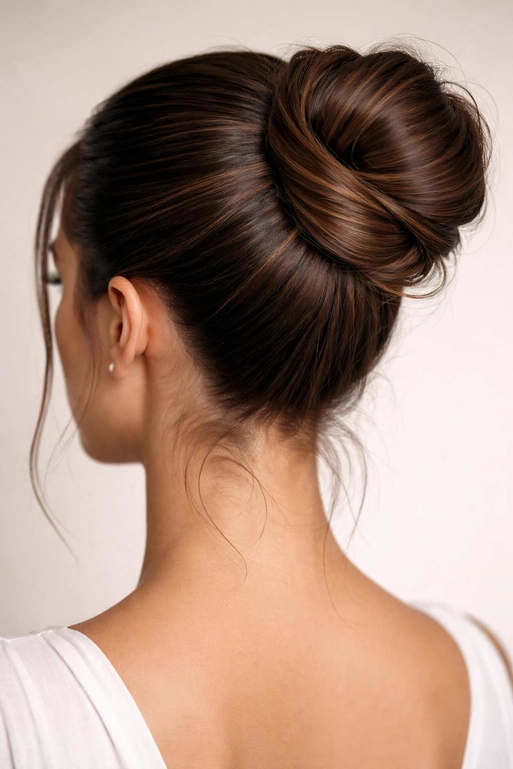 Sleek wrapped bun with textured hair wraps around its base
