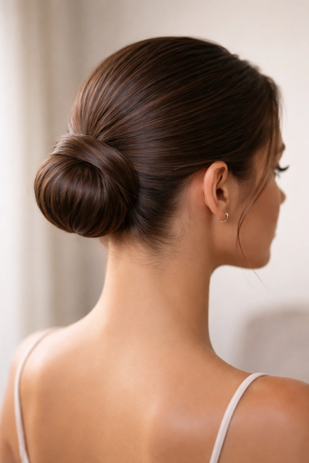 Low, sleek ballerina bun with wrapped detail and glossy hair