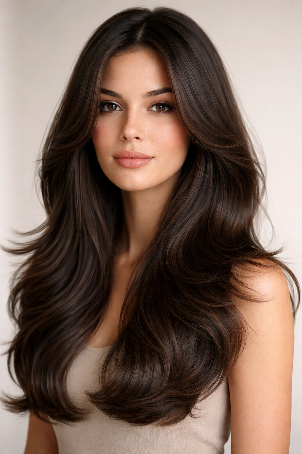 Portrait of a model with sleek butterfly cut and long glossy waves in a studio