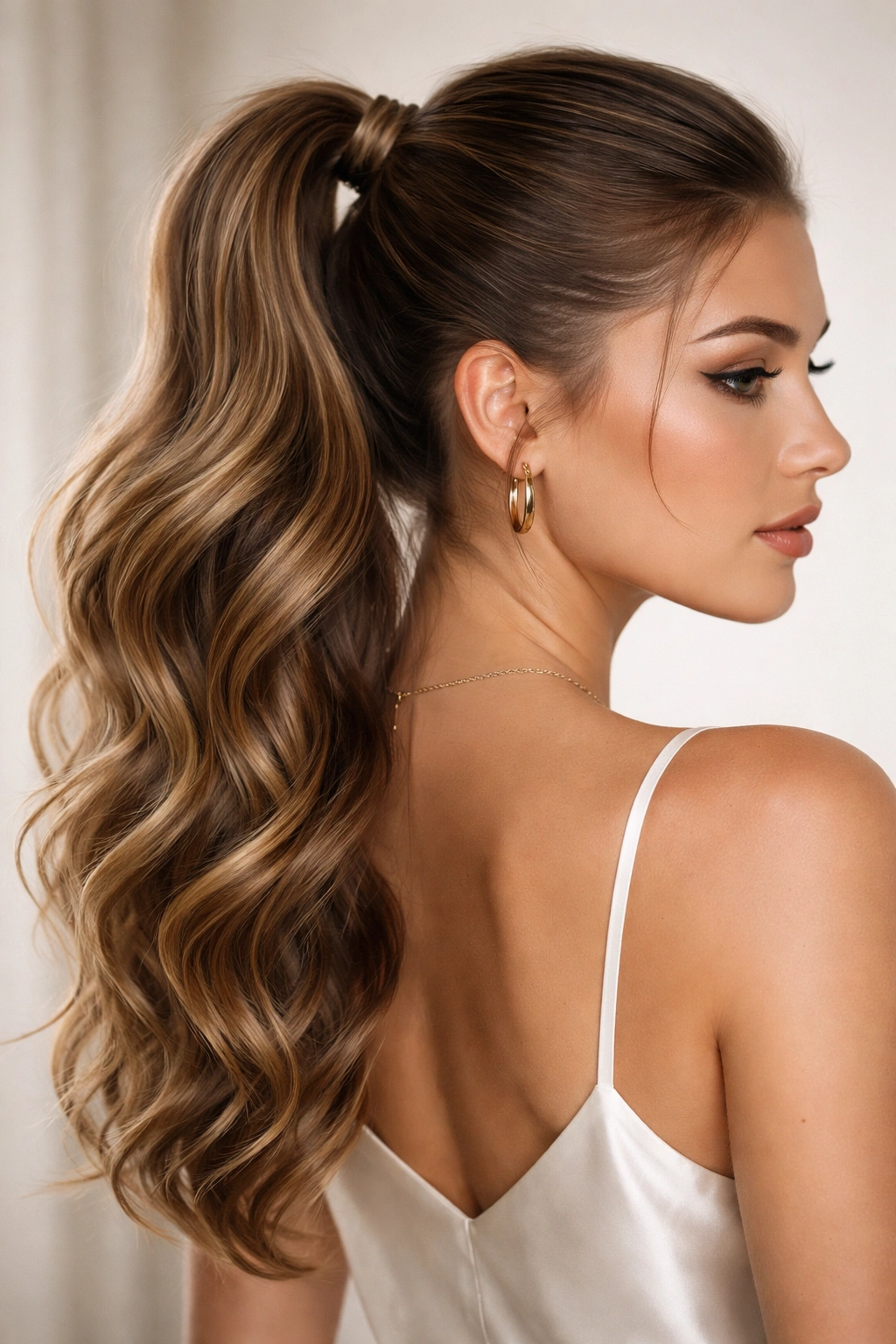 Close-up side view of sleek smooth crown and textured wave ponytail