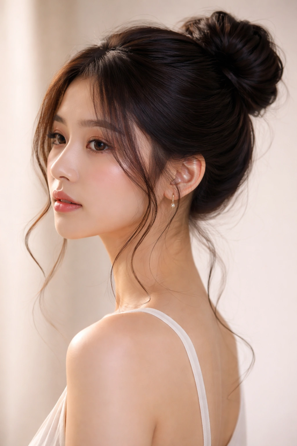 Sleek crown bun with wispy tendrils around the face on soft hair