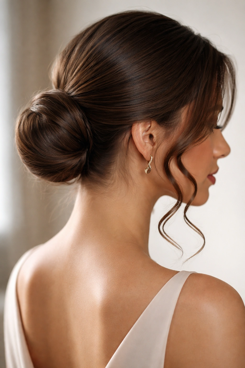 Sleek low bun with face-framing curl accents