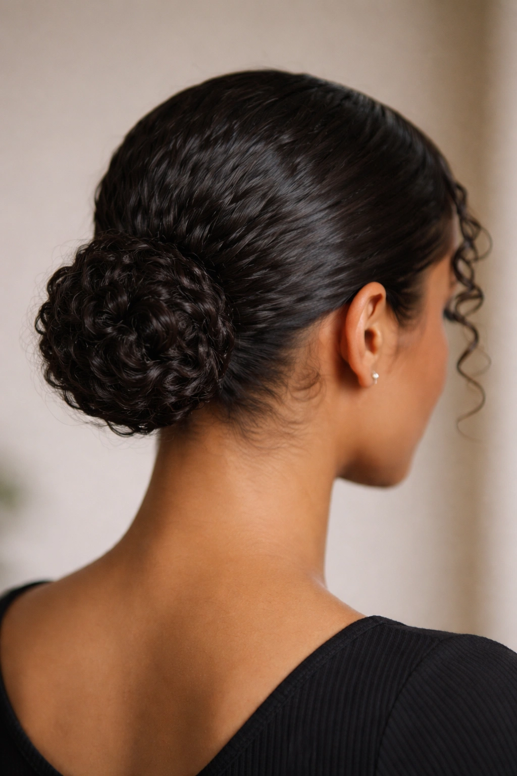 Back view of sleek curly low bun at the nape with glossy finish