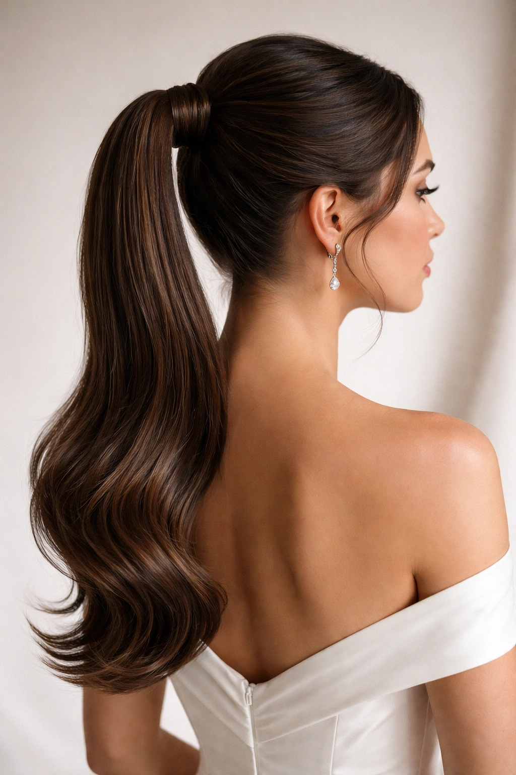 Three-quarter rear view of The Sleek Curved Ponytail with off-center curved ponytail