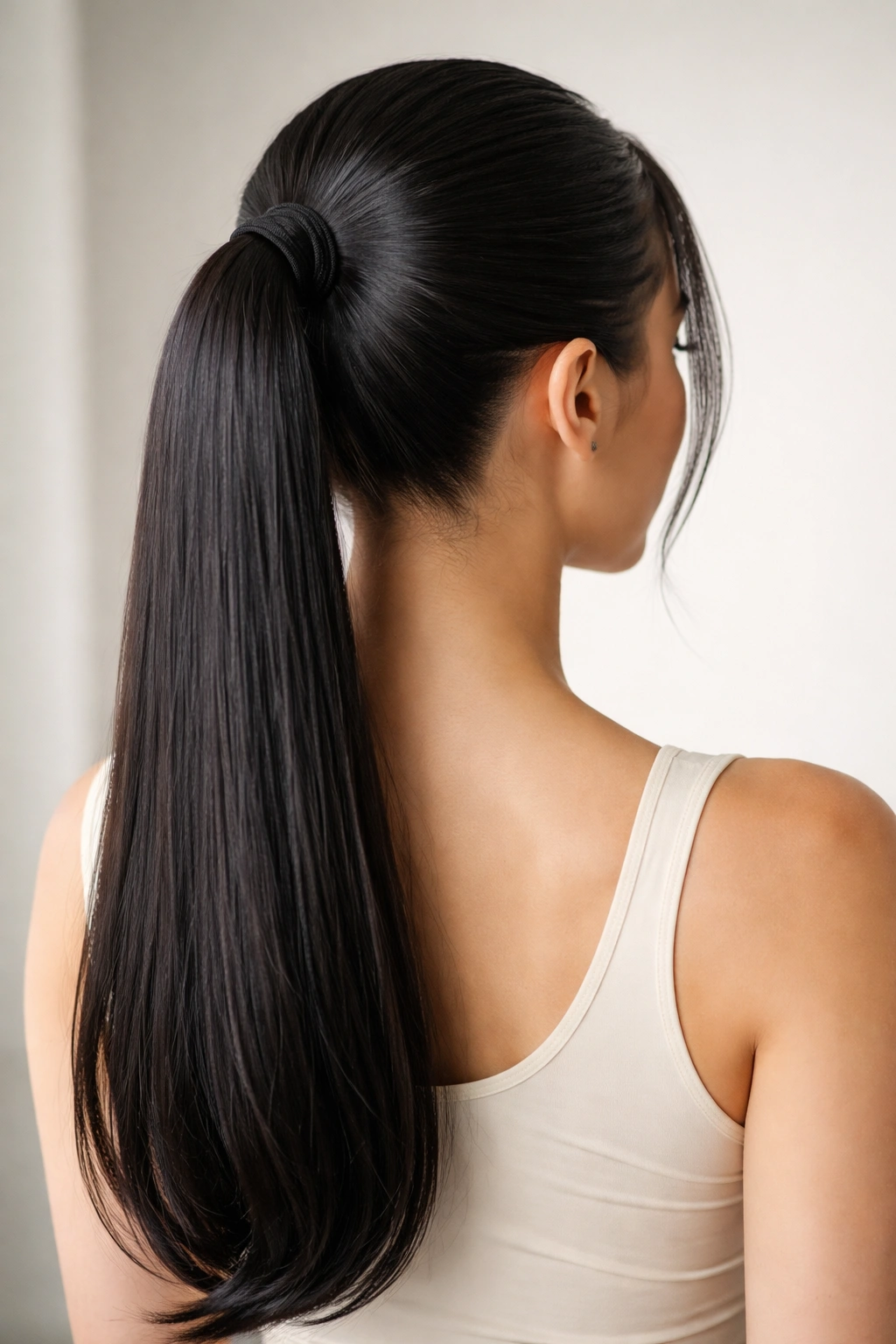 Close-up of a sleek, glossy drawstring ponytail secured at the scalp with a smooth base.
