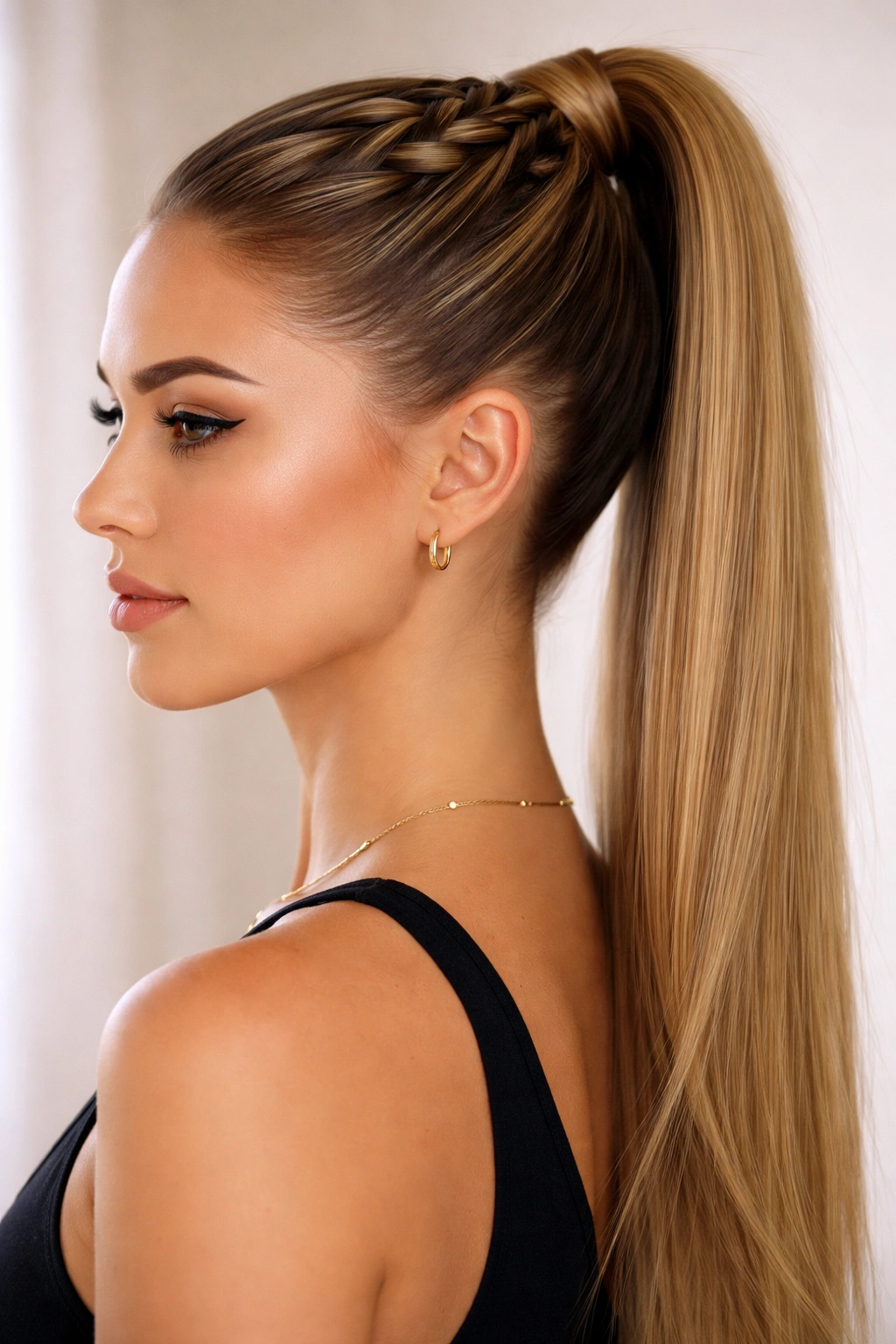 Sleek Dutch braid from crown into high ponytail with smooth finish.