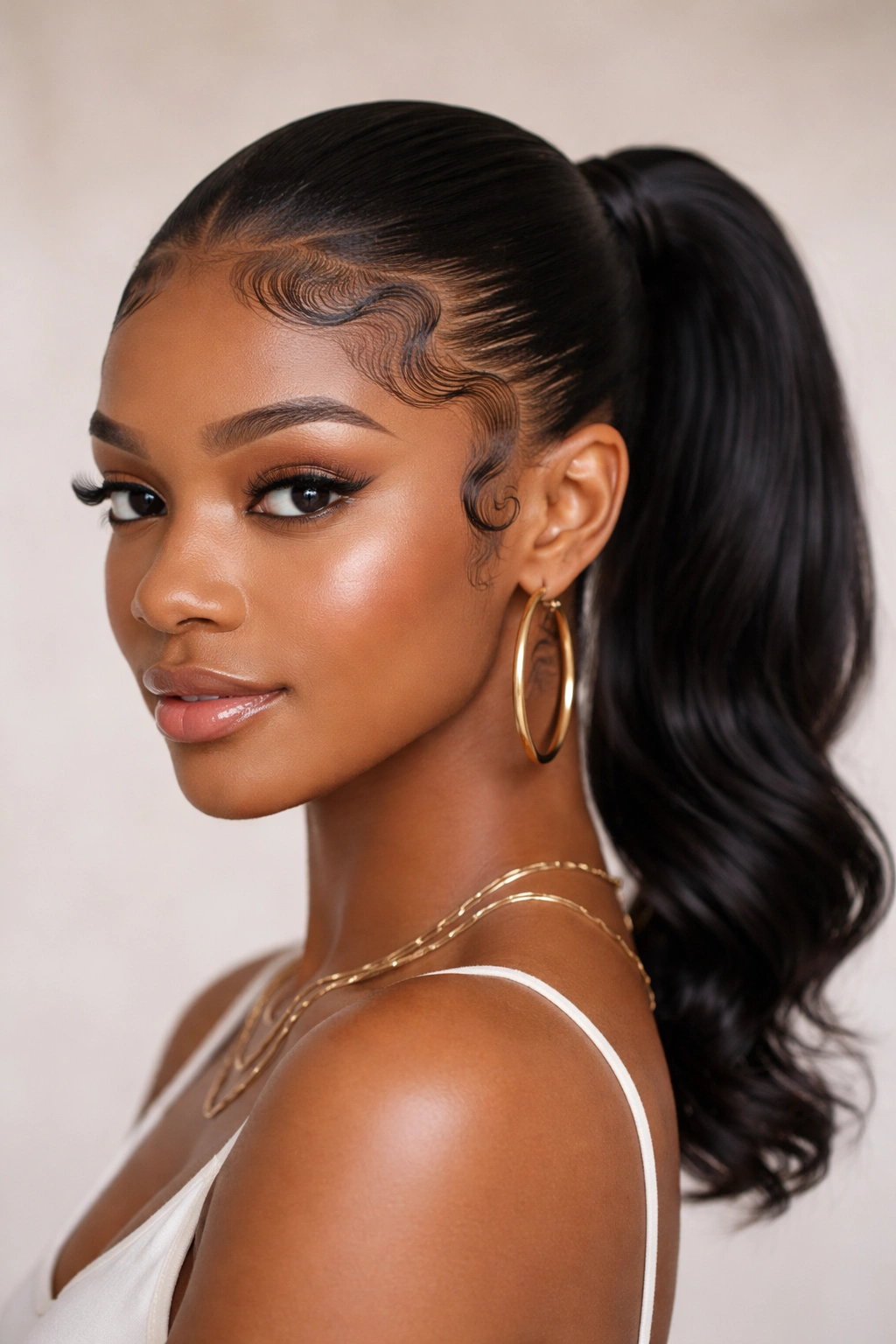 Sleek ponytail with sculpted edges framing the face