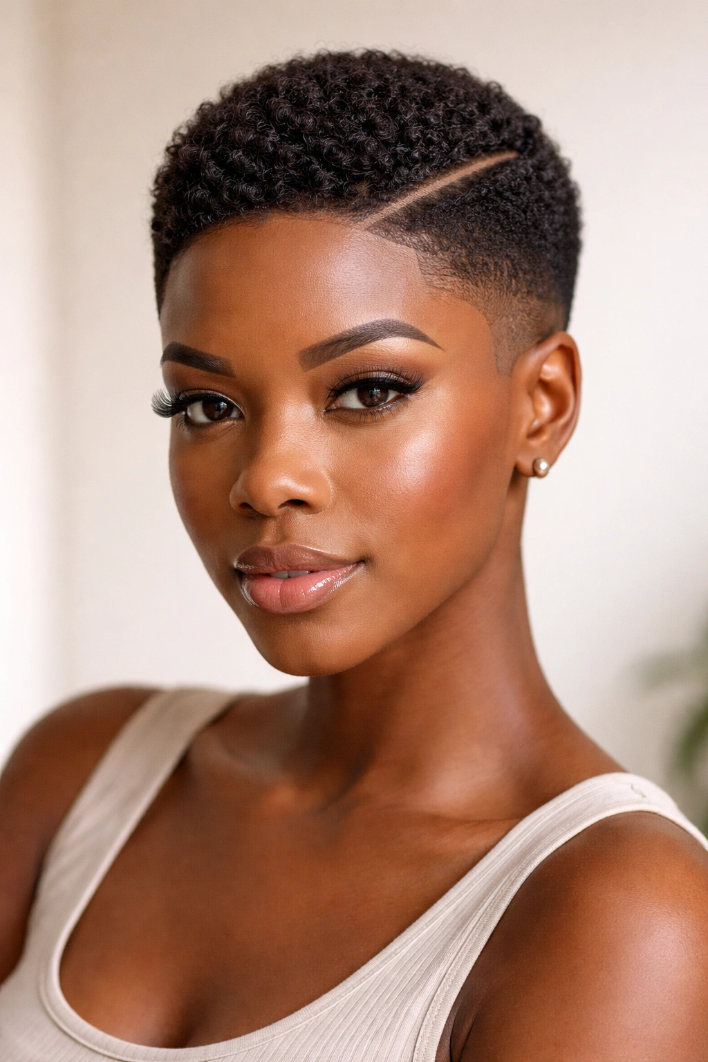Close-up of a woman with a sleek fade and defined part