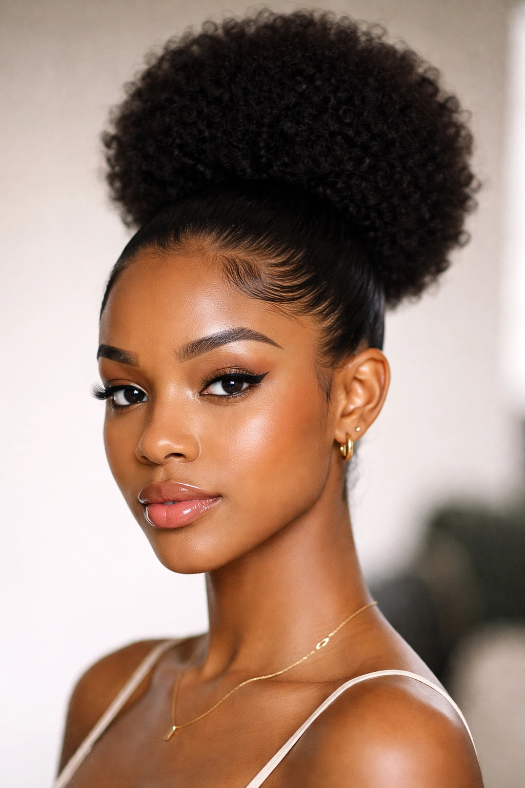 Sleek gel afro puff with crisp edges and shine
