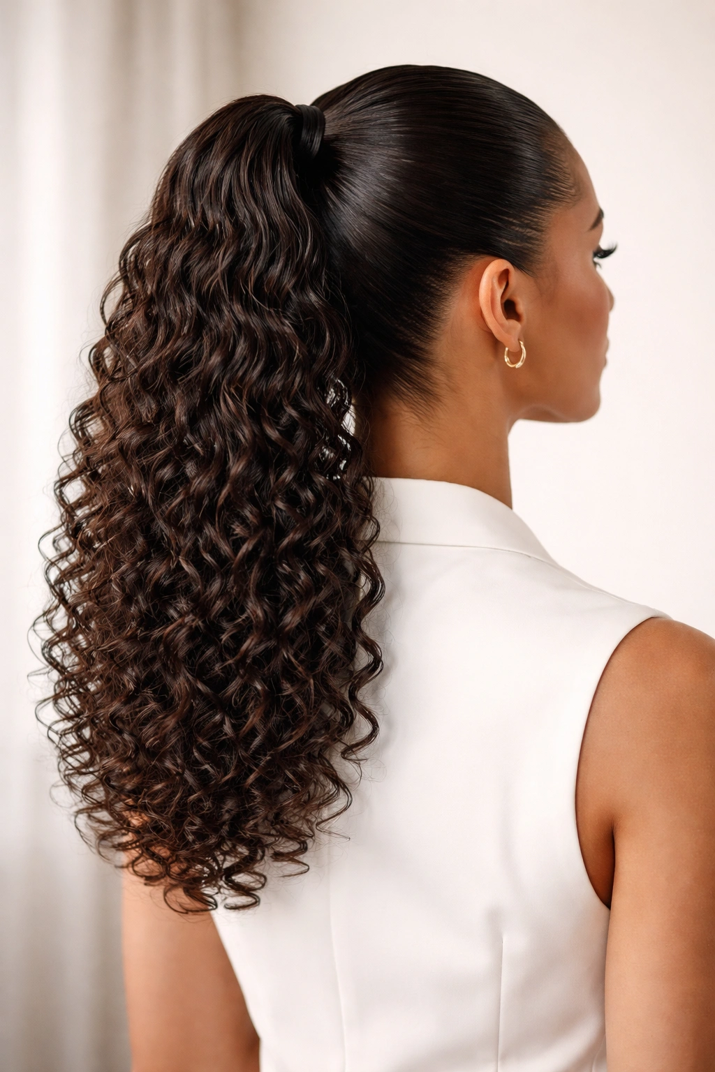 Back view of a sleek high ponytail with glossy defined curls and minimal frizz