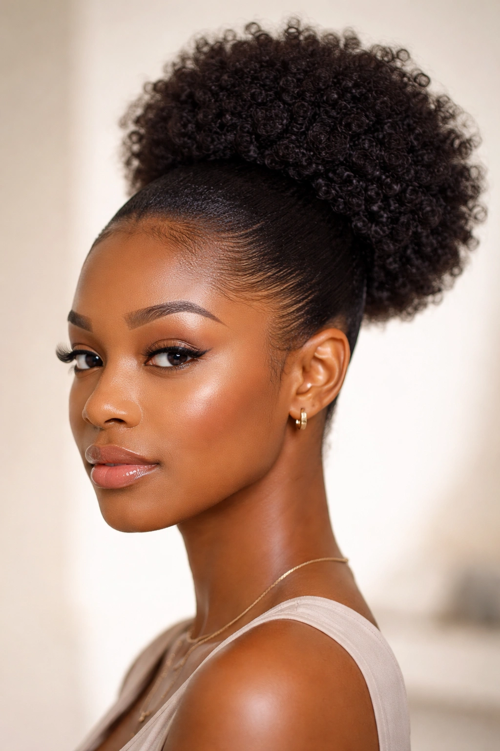 Sleek gel puff with smooth sides on 4C hair, glossy finish