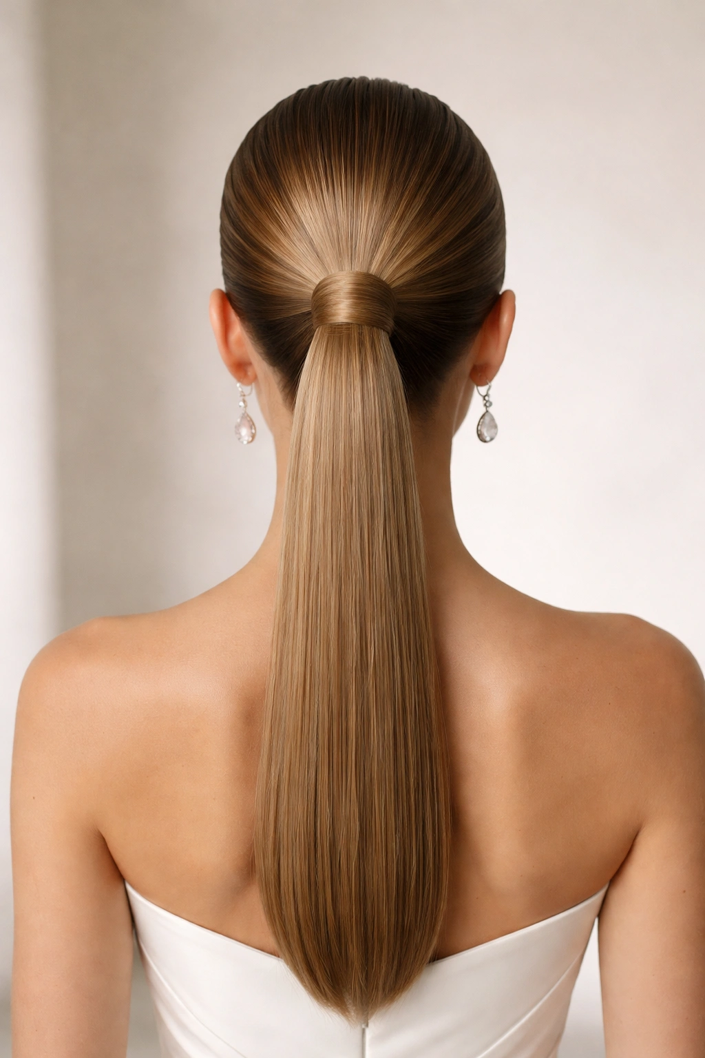 Back view of The Sleek Geometric Ponytail showing clean, straight silhouette