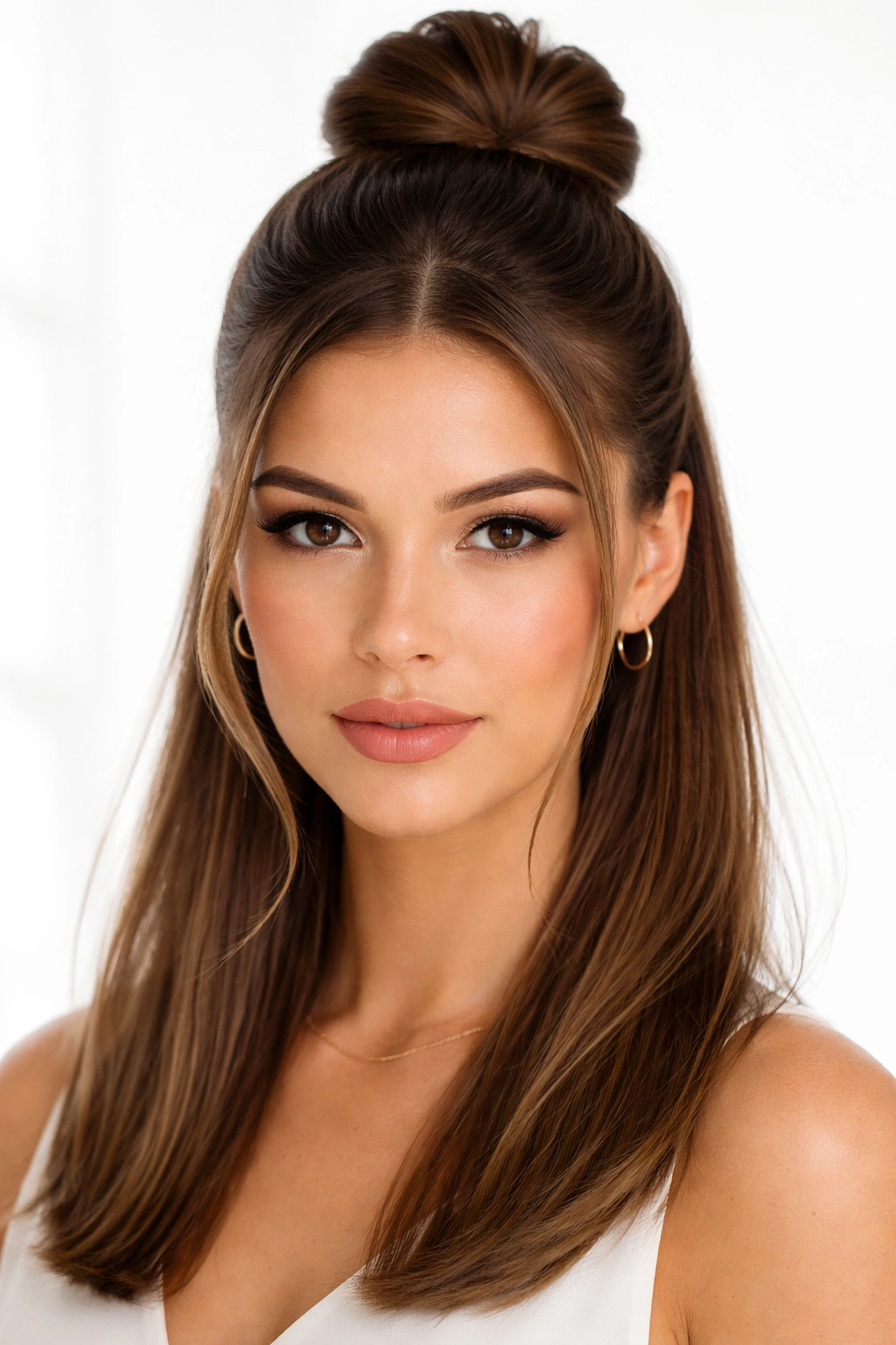 Sleek half-up bun with smooth glossy hair and hidden pins