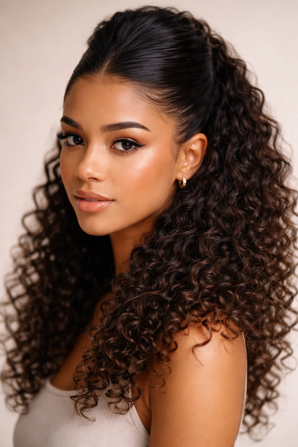 Upper half of curly hair neatly slicked with gel leaving lower curls wild