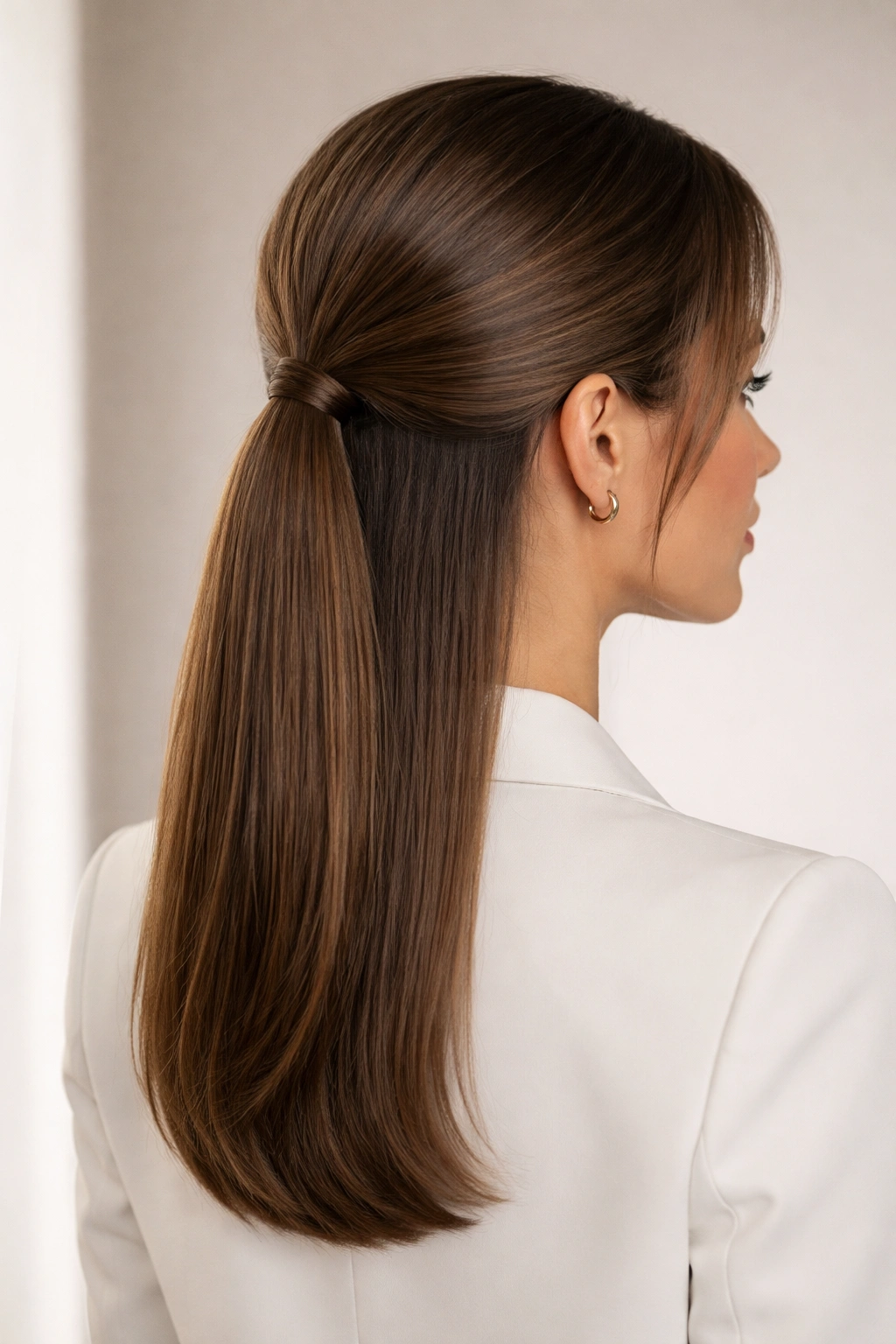 Sleek low half-up ponytail at the nape of the neck with glossy straight hair