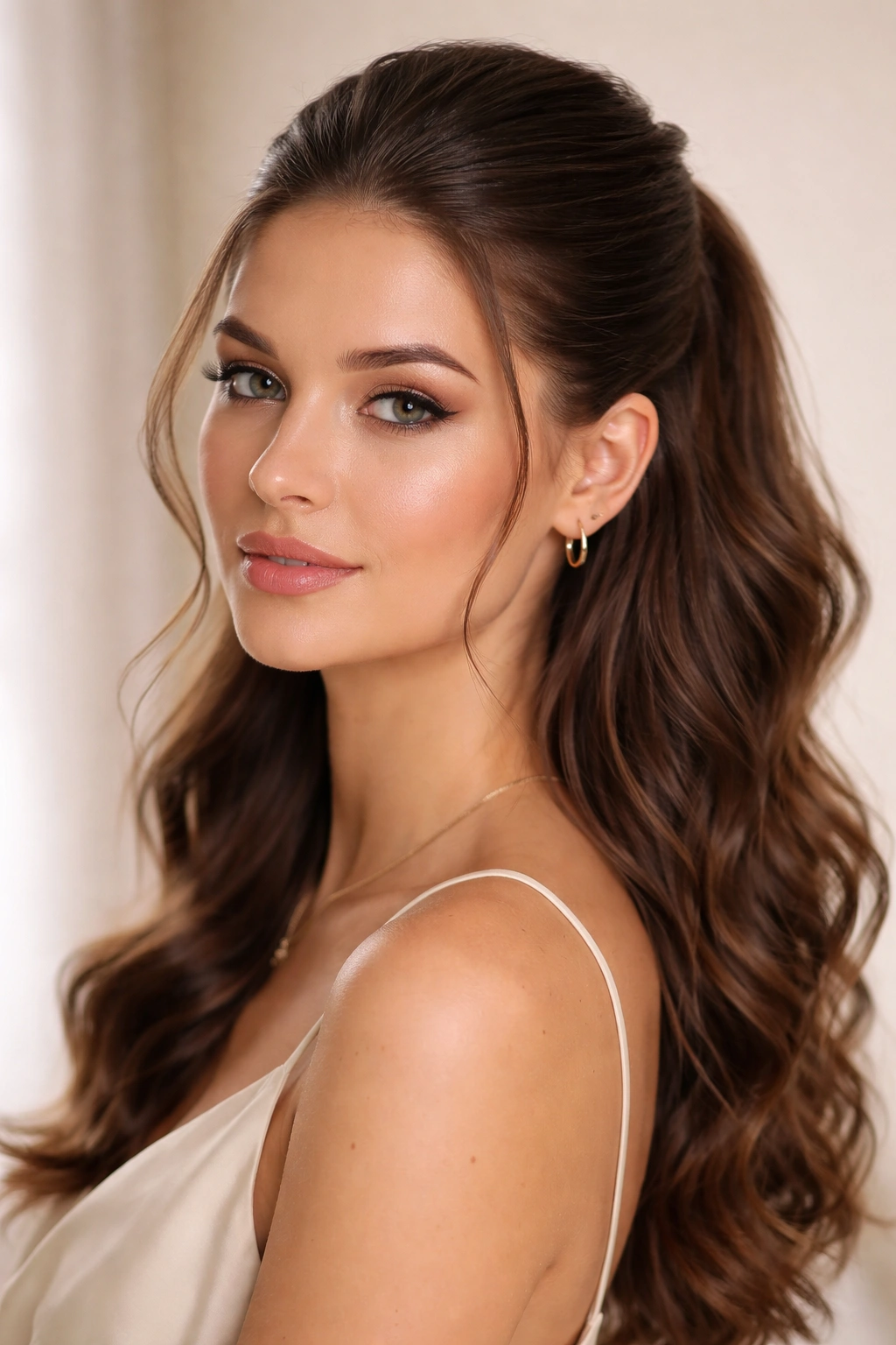 Smooth sleek half-up hairstyle pulled back