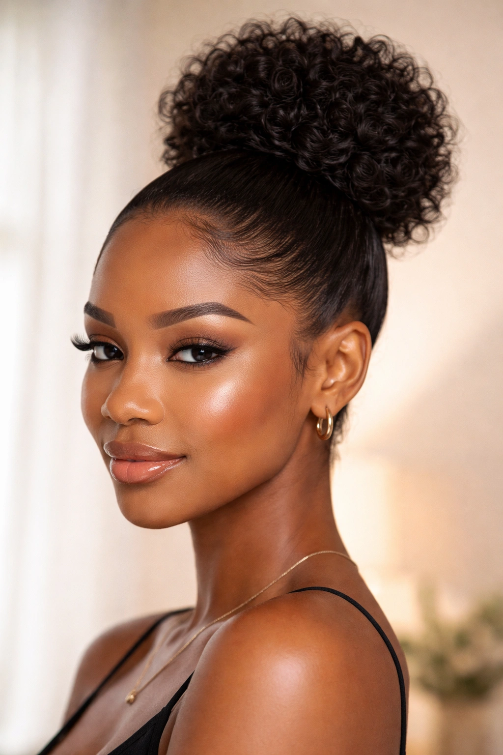 Sleek high bun with curly texture and smooth hairline