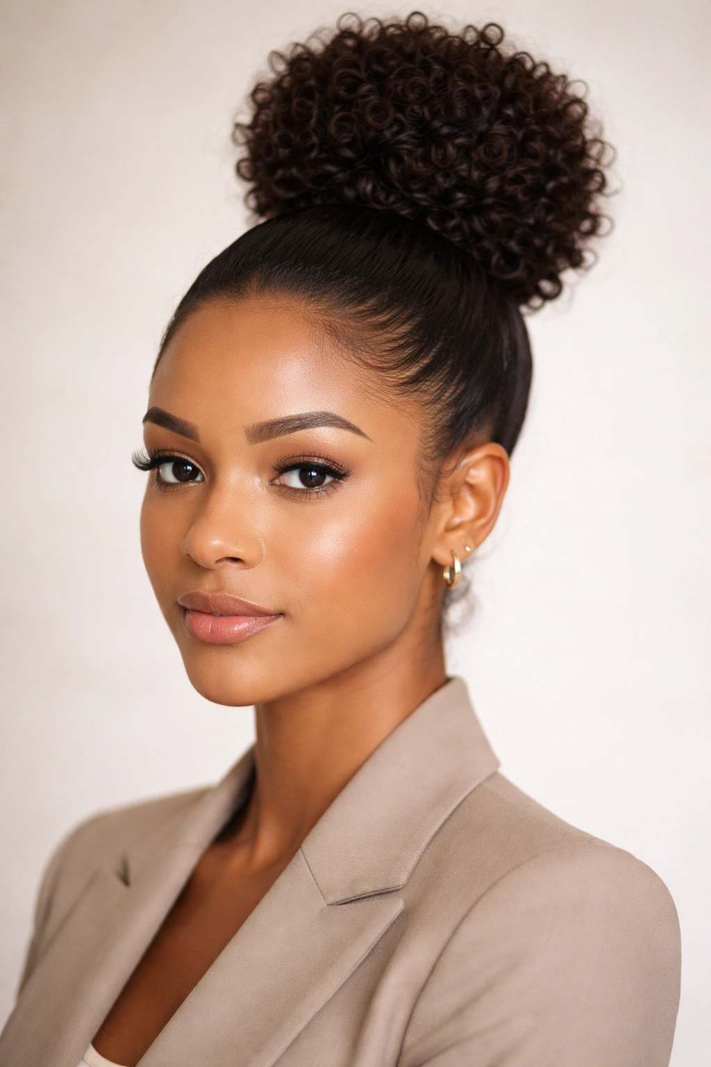 Sleek high bun on curly hair in a neutral studio setting, professional look