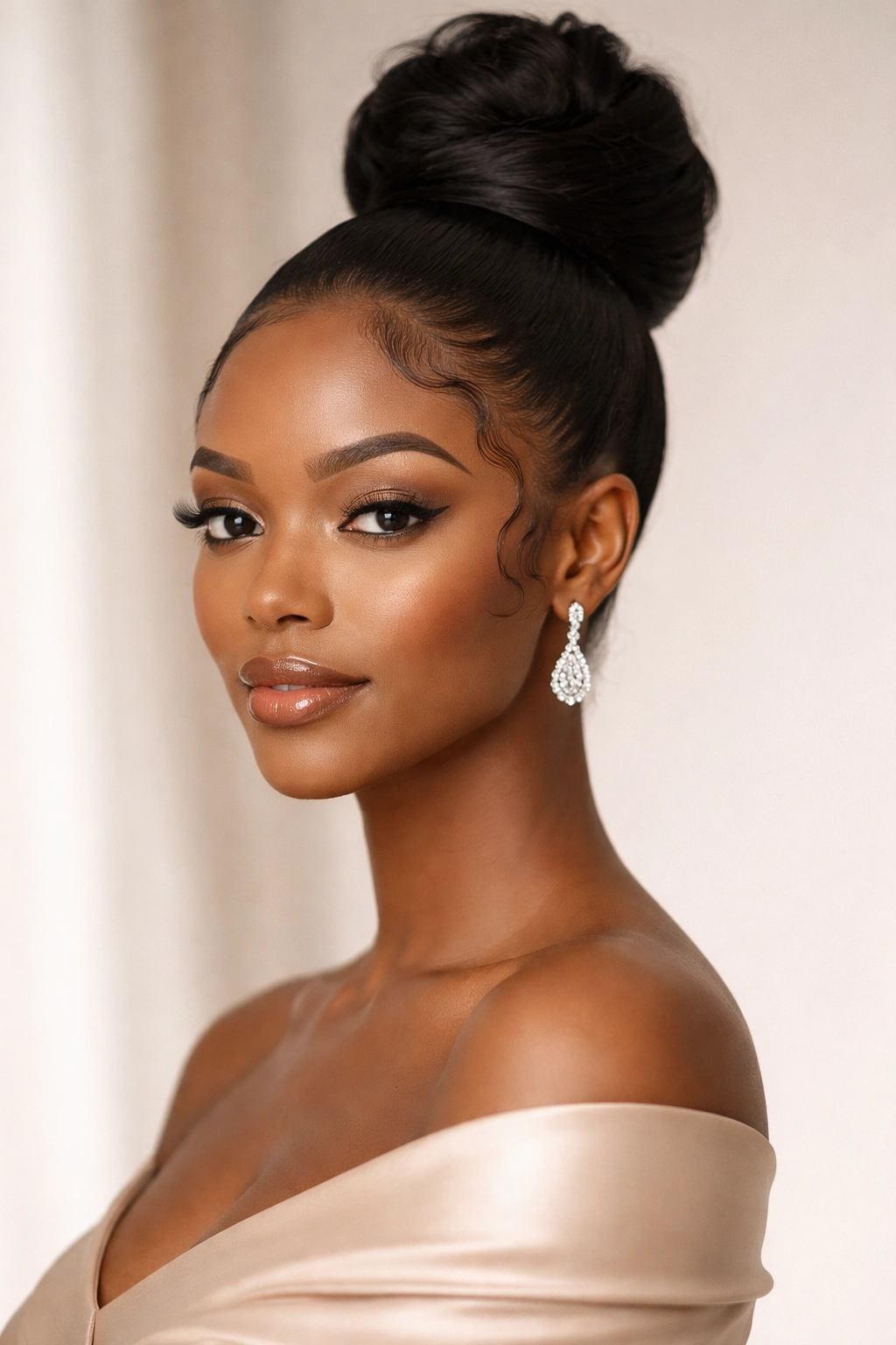 Sleek high bun with curved edge detailing framing the face