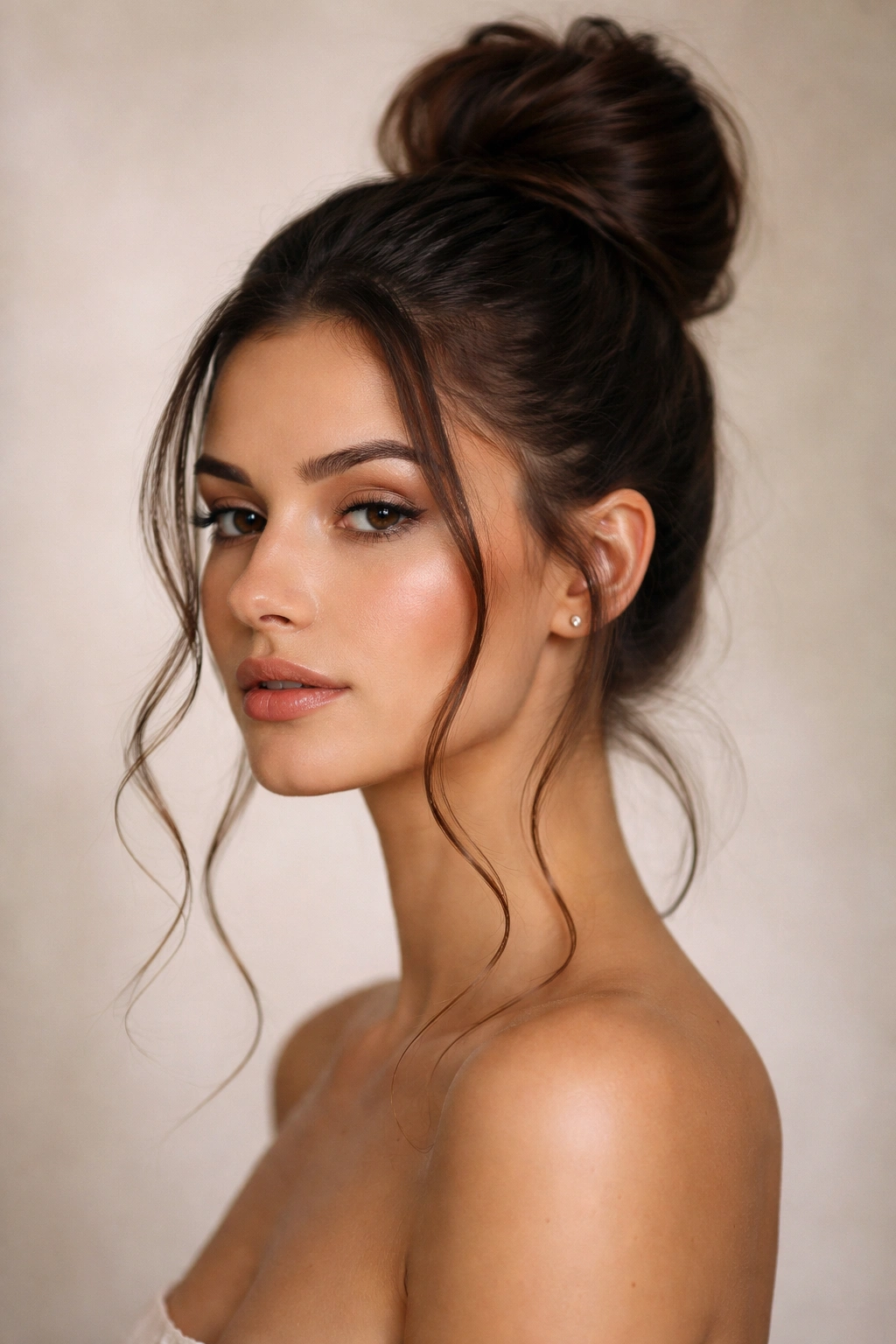 Sleek high bun with tendrils around the face