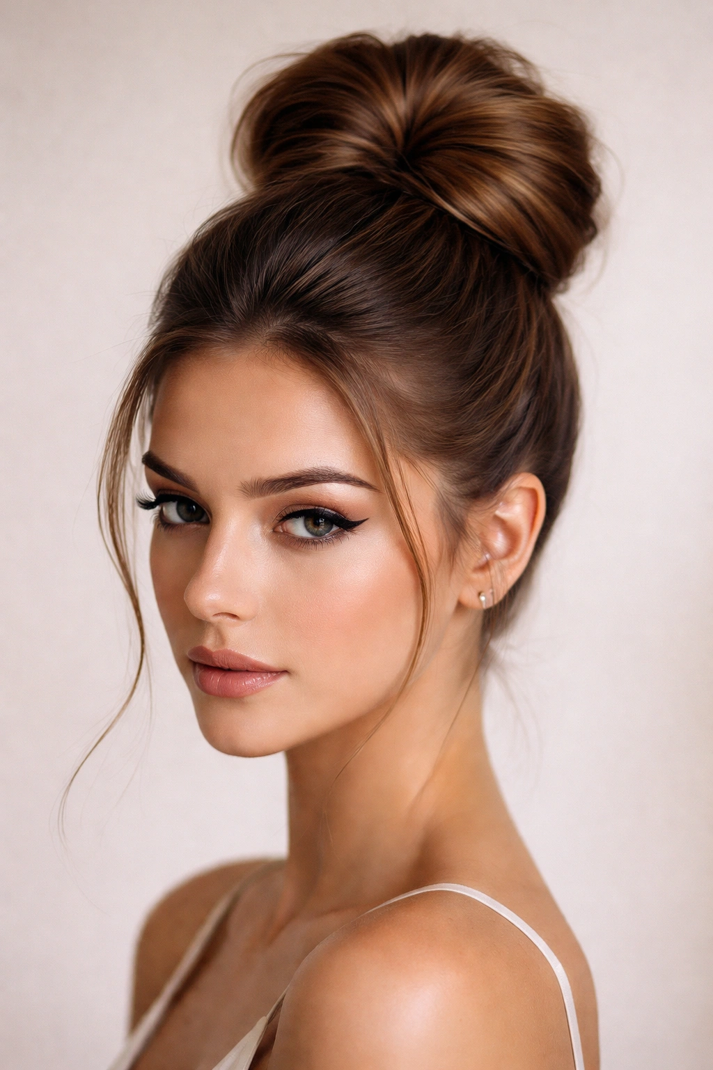 Sleek high bun with crown volume and polished finish