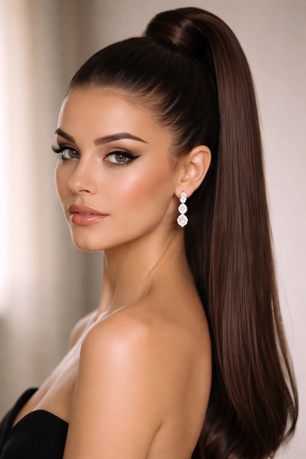 Close-up of a sleek polished high ponytail with a glossy finish and centered base