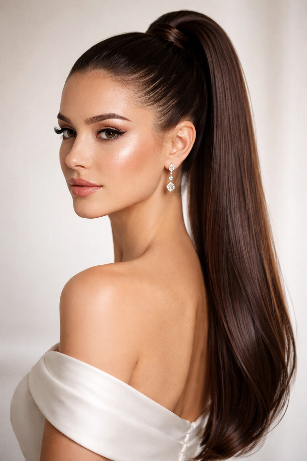 Close-up of a sleek, glossy high ponytail with a smooth crown.