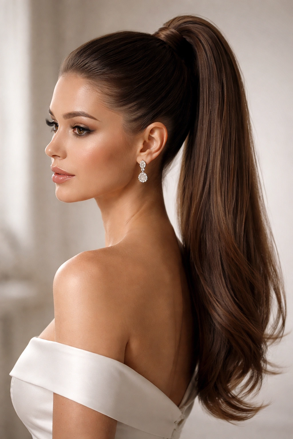Close-up of a sleek high ponytail at the crown with glossy finish