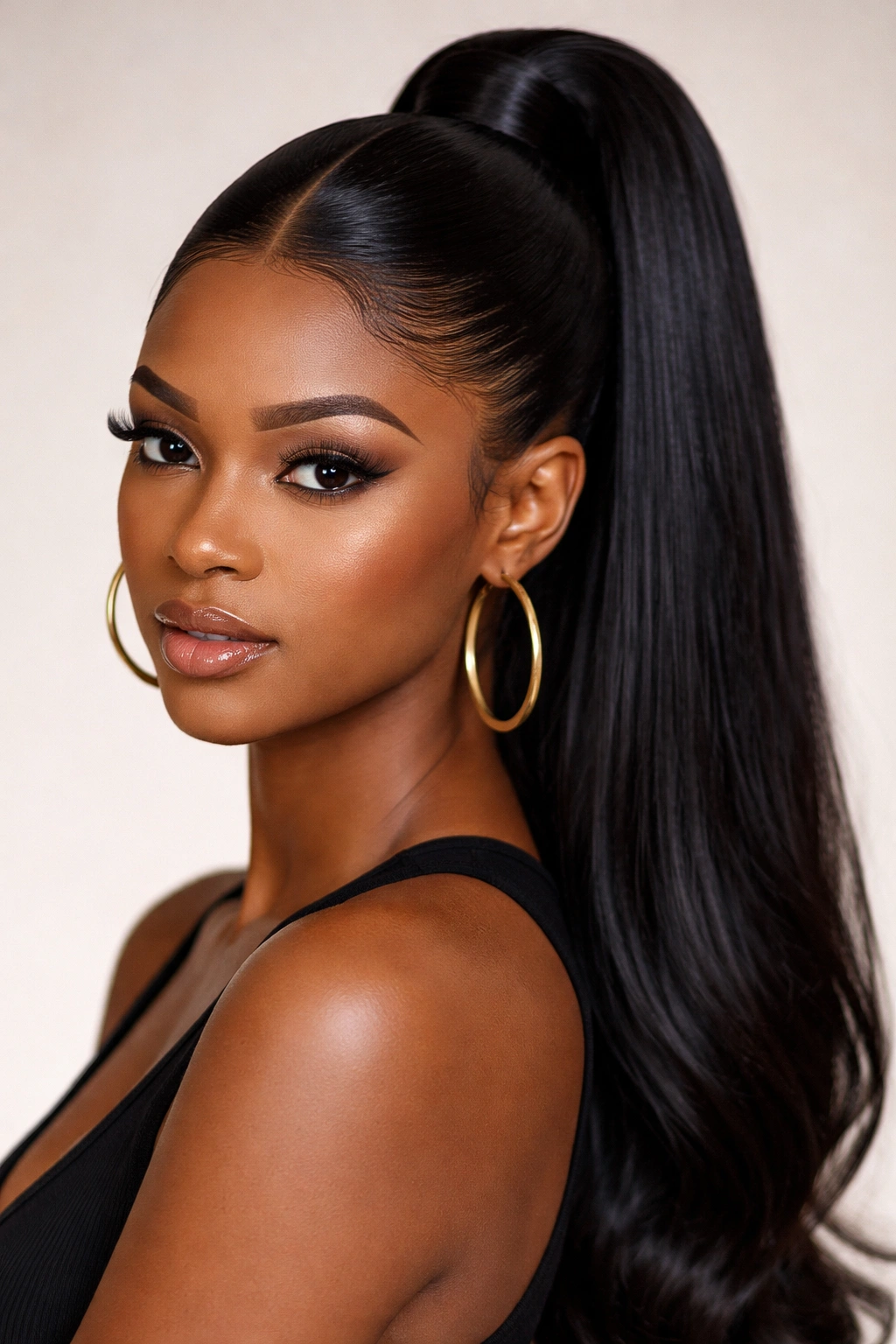 Close-up of a sleek high ponytail with a crisp middle part and glossy smooth hair
