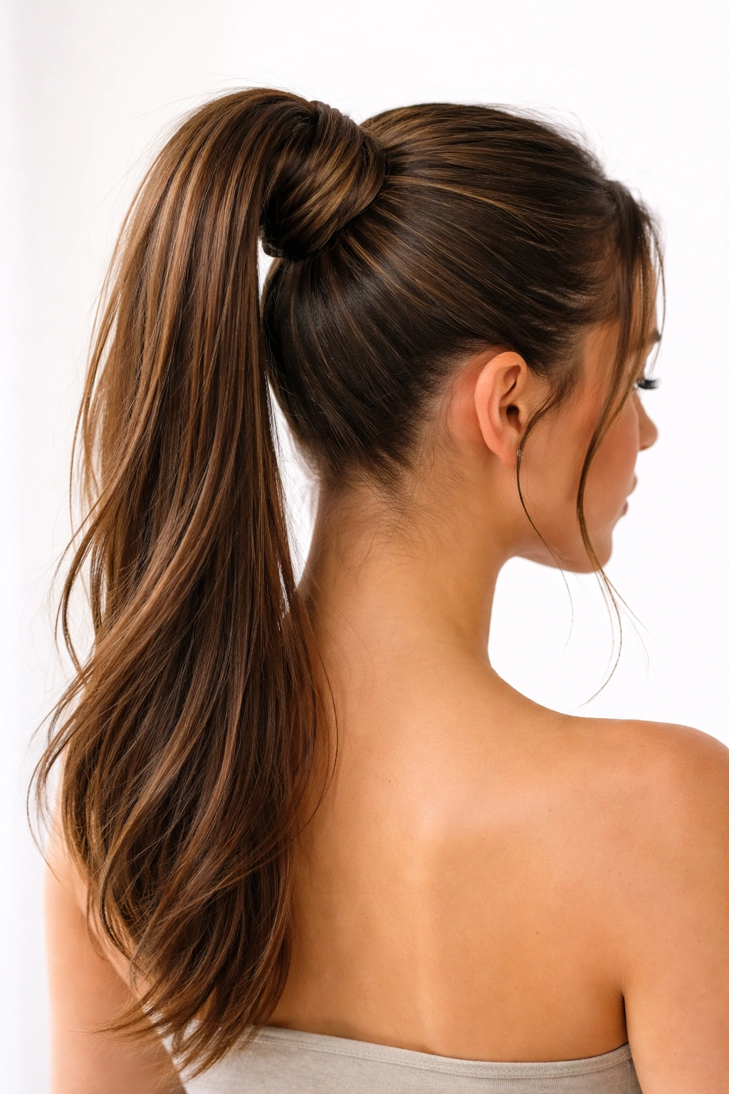 Close-up of The Sleek High Ponytail with Textured Bun Wrap showing glossy ponytail and wrapped bun