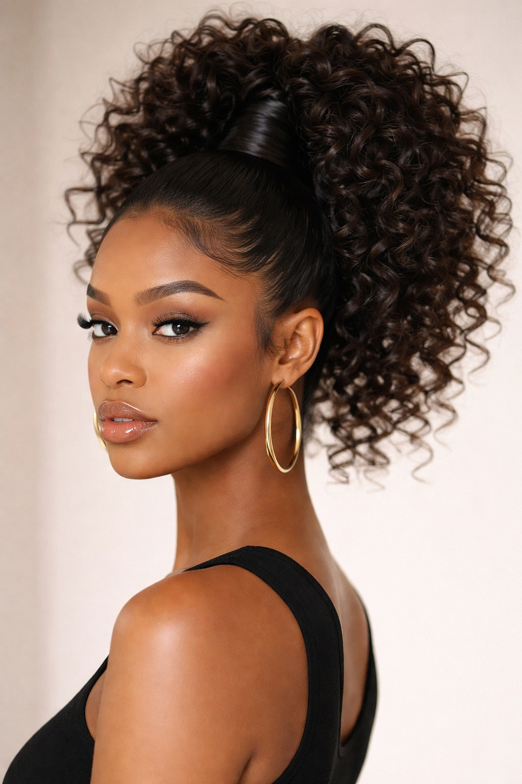 Front view of sleek weaves with voluminous curls at the crown