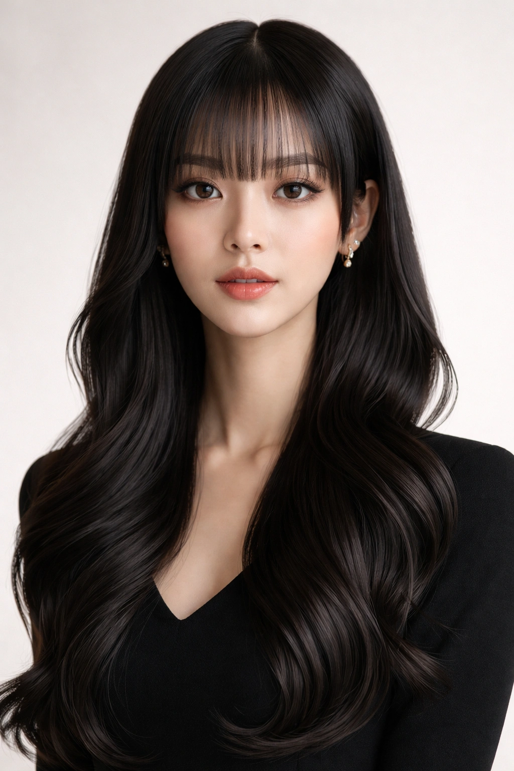 Close-up of a sleek hime cut with ultra-thin fringe and glossy waves