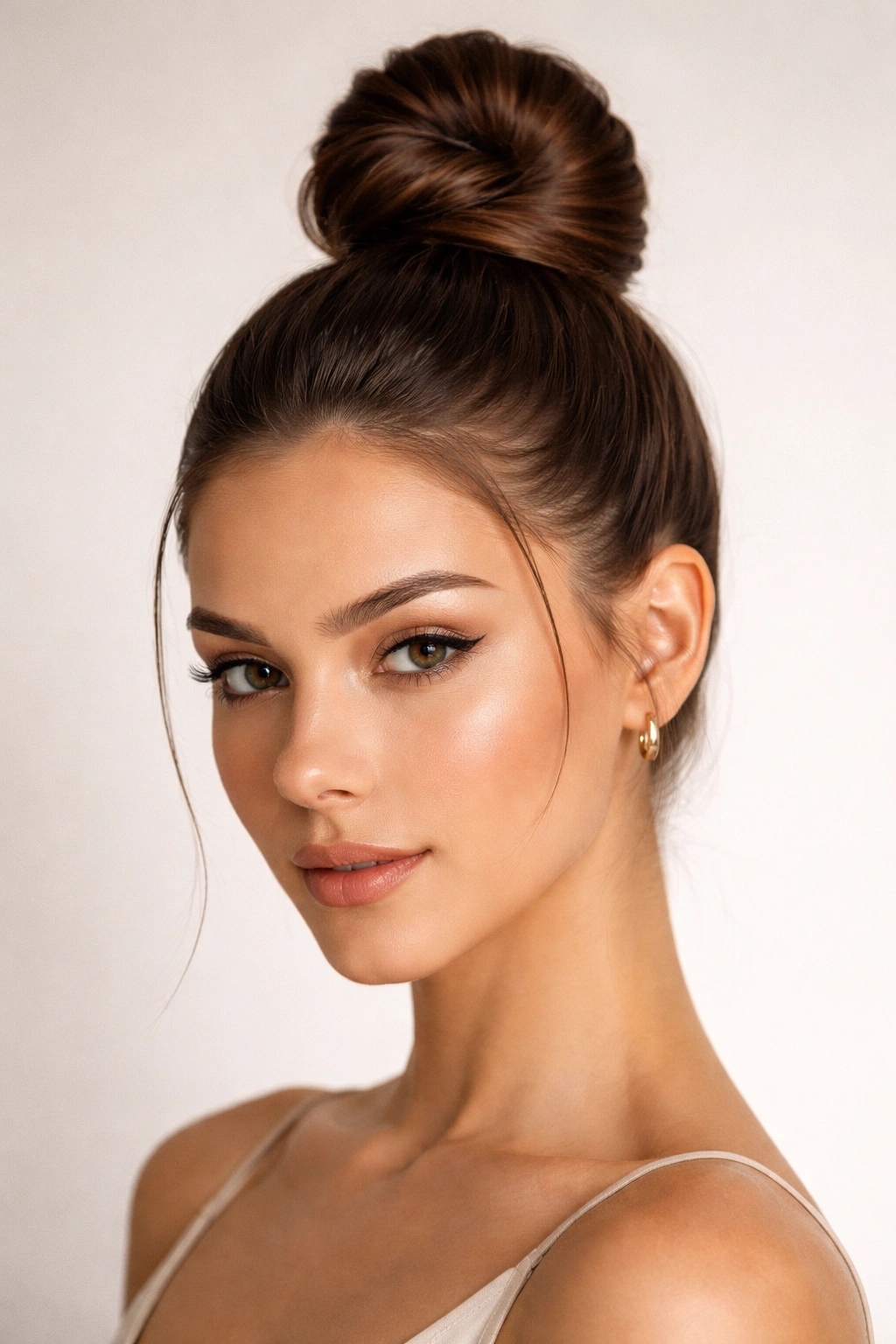 Close-up of a sleek knotted topknot at the crown with glossy, smooth hair