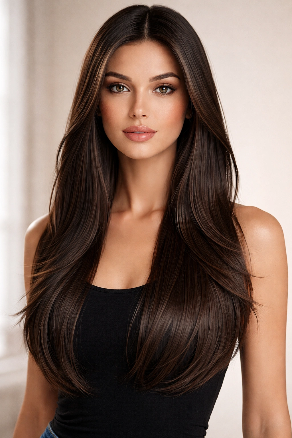Sleek long layers hairstyle with shoulder-length layering and shine.