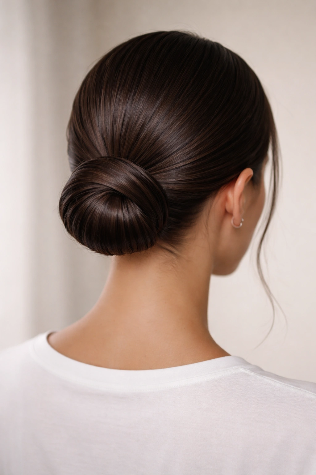 Sleek low bun at the nape of the neck