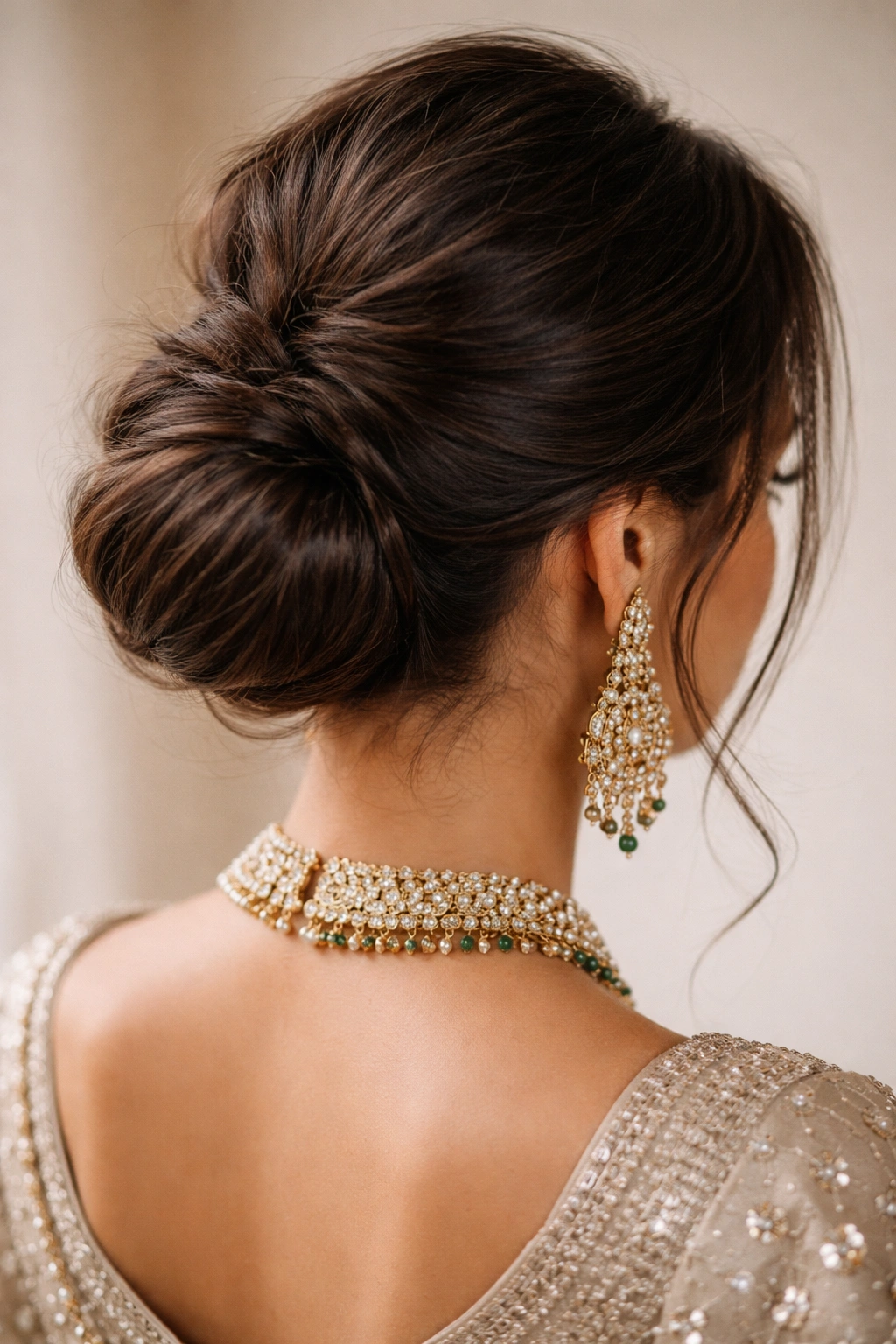 Close-up of a sleek low bun with an undone crown texture on a bridal hairstyle