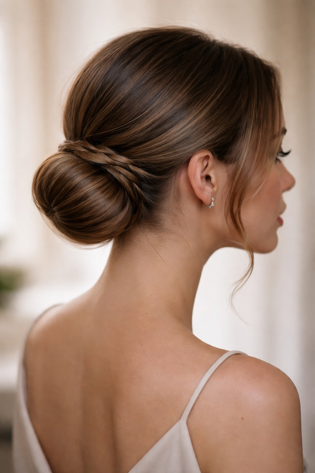 Side view of a sleek low bun with twisted crown detail
