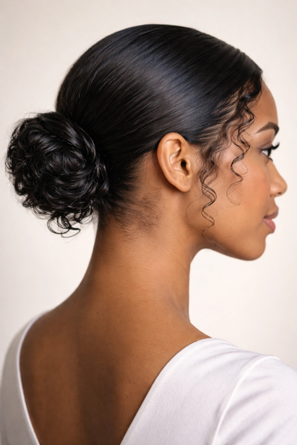 Sleek low bun with curl detail at the nape
