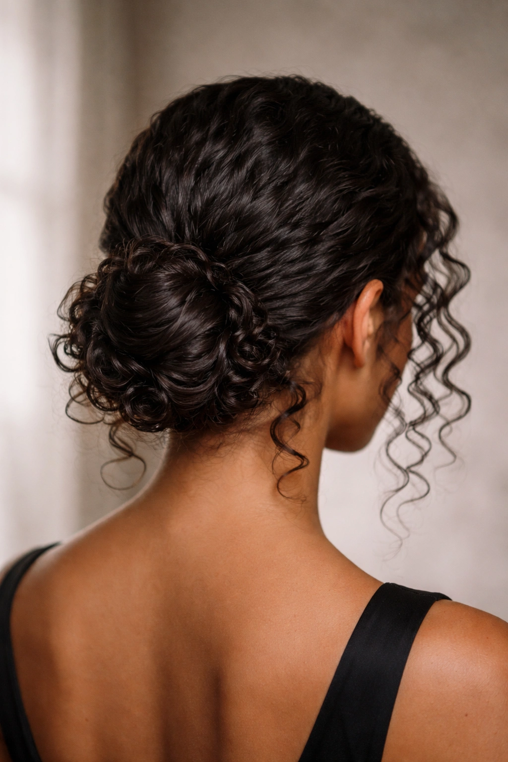 Sleek low bun with curl detailing around the edges