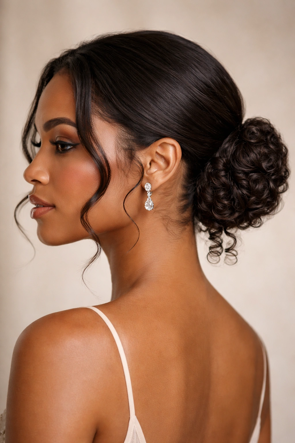 Sleek low bun with soft front curls and visible nape coils.
