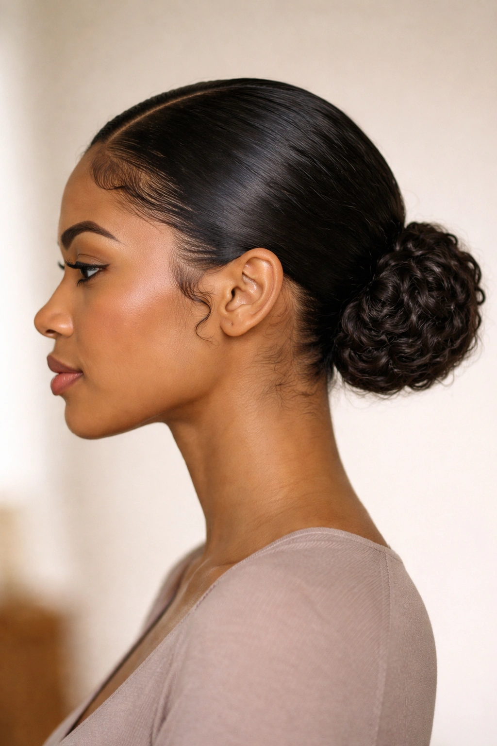 Side view of sleek low bun with smooth edges on curly hair