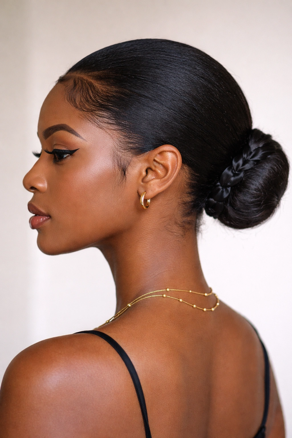Close-up of a person with a sleek low bun and tucked edges.