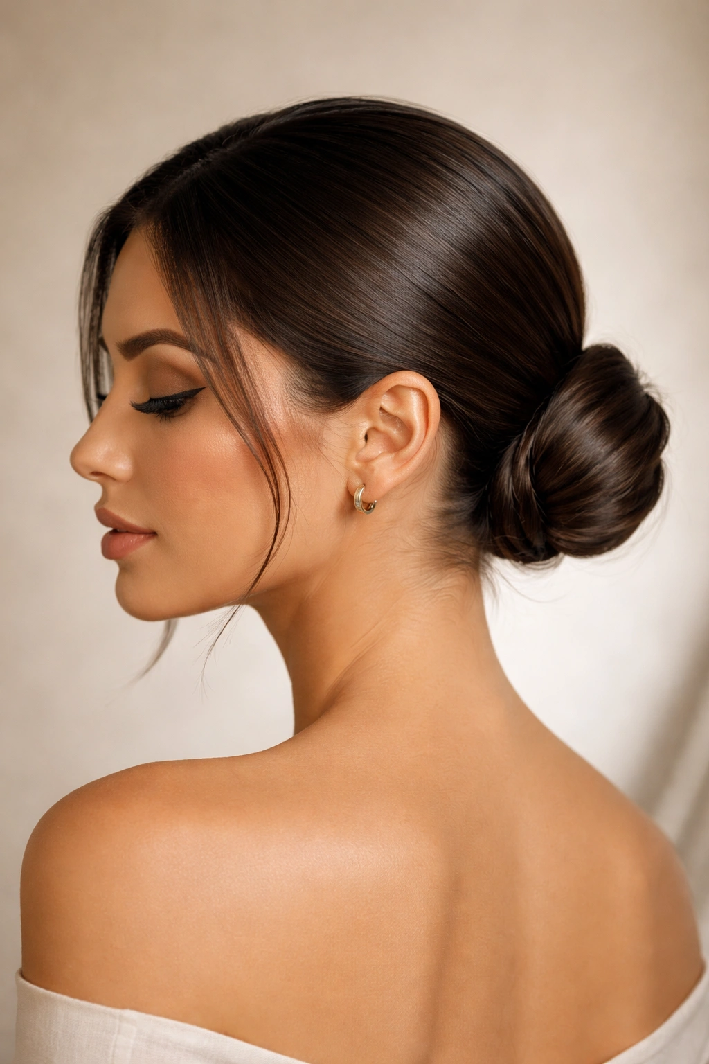 Close-up of a sleek low bun at the nape with smooth frizz-free hair